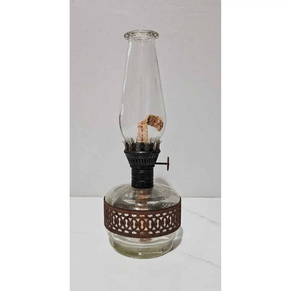 Vintage Miniature Glass Oil Lamp with Rusted Metal Filigree Band and Chimney
